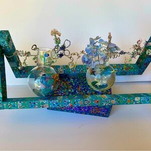 Hand Painted art decor! Pegged hanger, glass pitcher, vases & 4 aqua curtains!